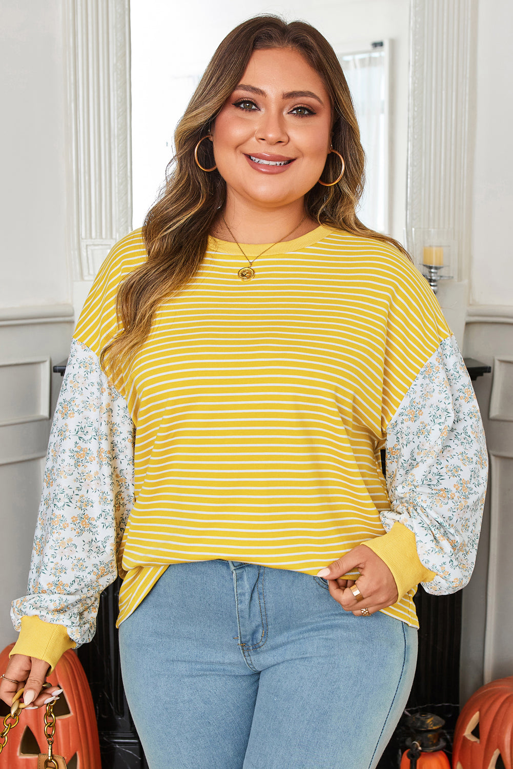 Bright yellow striped plus size long sleeve top with floral patchwork contrast sleeves, casual and loose fit from Dear-Lover.