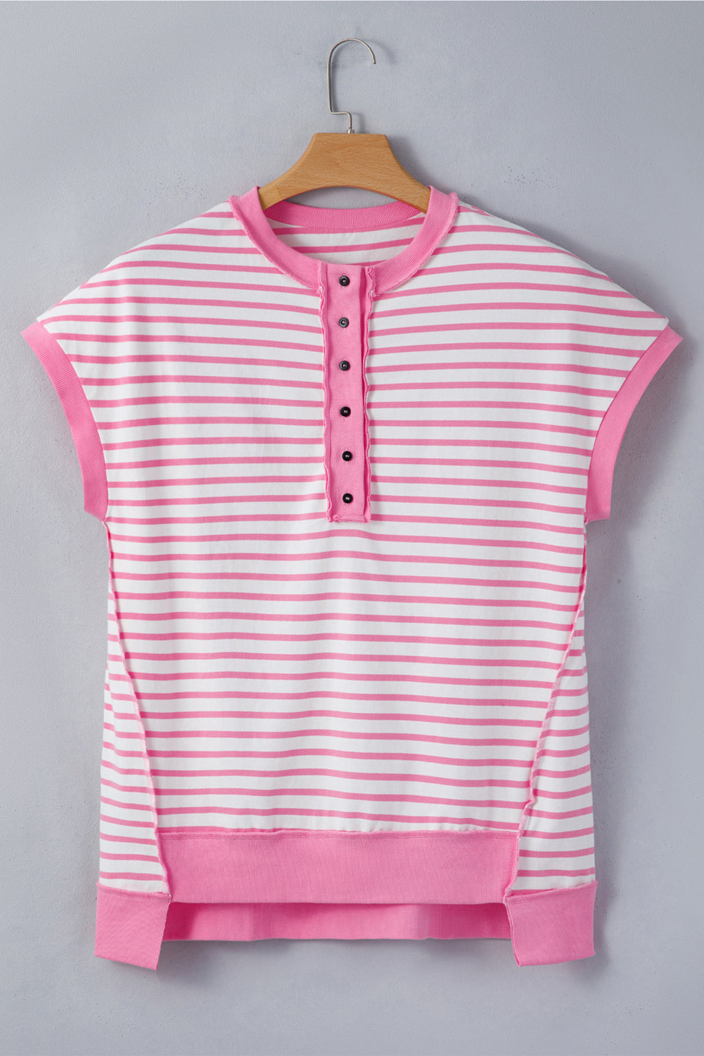 Pink Stripe Half Placket High Low Short-Sleeve Top