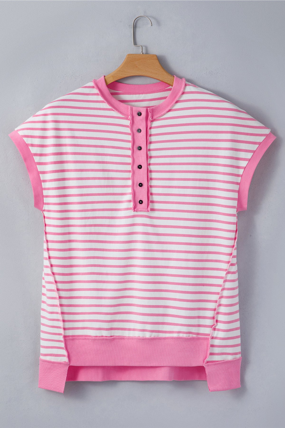 Pink Stripe Half Placket High Low Short-Sleeve Top