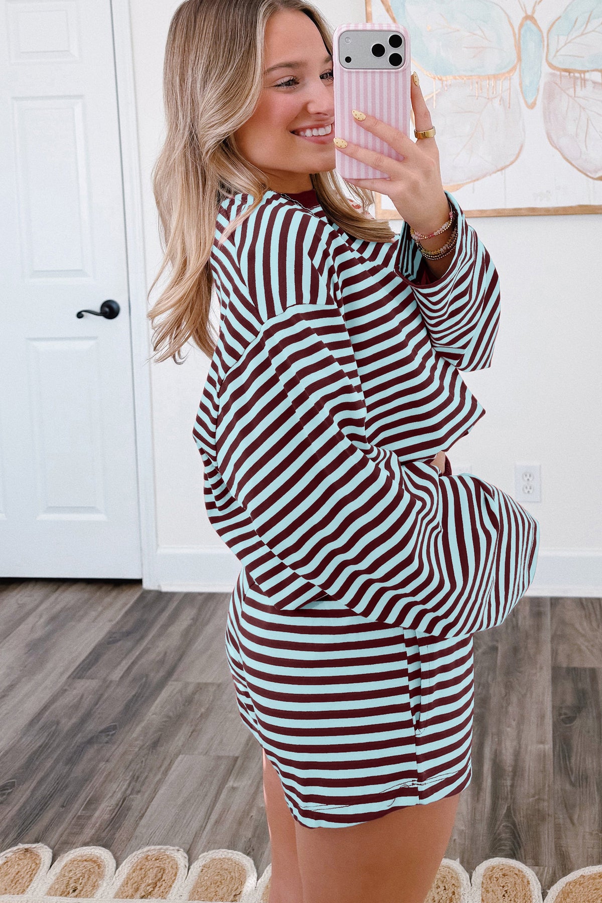 Brown stripe relaxed long sleeve top with contrast elastic waistband shorts, two-piece set by Dear-Lover.