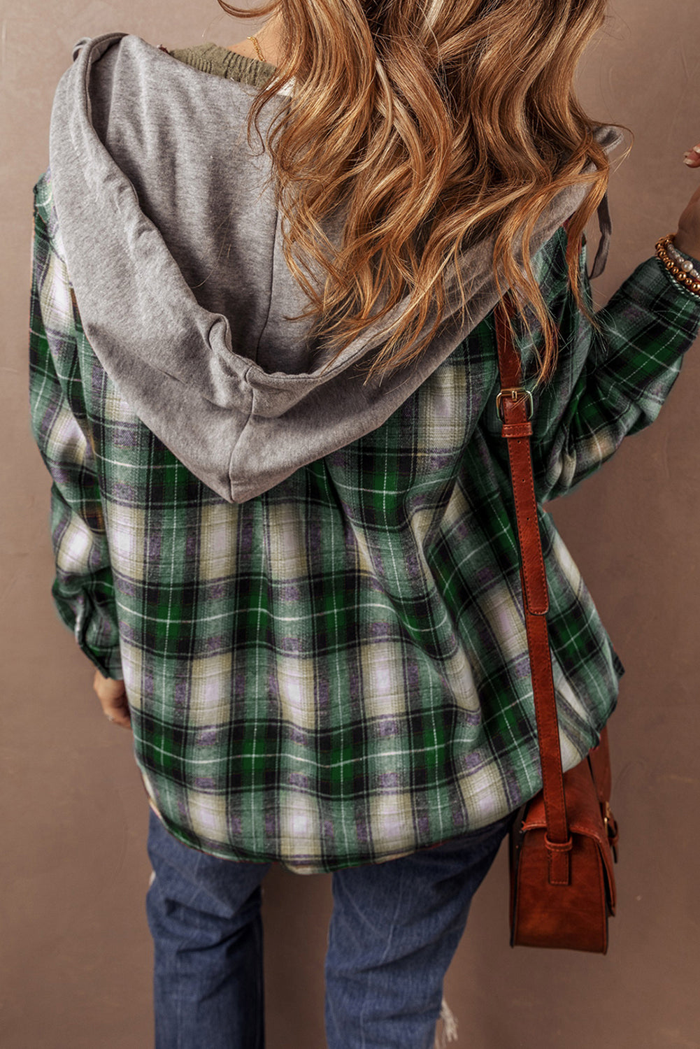 Red plaid print Dear-Lover hooded shacket with chest pocket and button closure, casual and stylish for everyday wear.