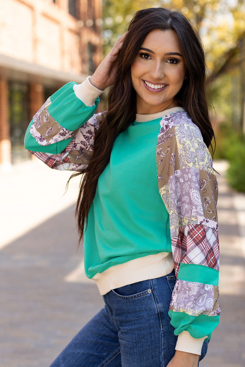 Aruba Blue Vintage Paisley Long Sleeve Top