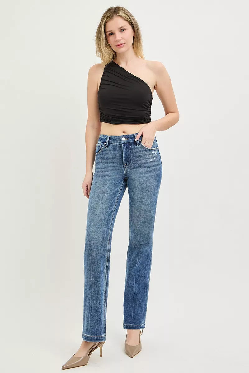 Risen tummy control mid-rise straight pants with 4-way stretch and crease line, featuring a sleek, fitted design in black.