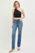 Risen tummy control mid-rise straight pants with 4-way stretch and crease line, featuring a sleek, fitted design in black.