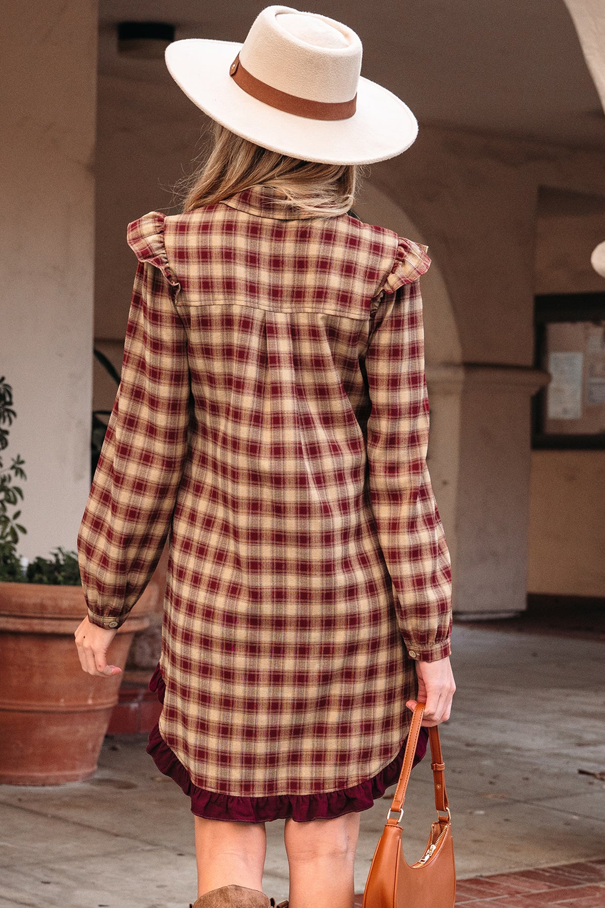 Red plaid print ruffled long sleeve mini shirt dress with patchwork hem, stylish and casual from Dear-Lover.