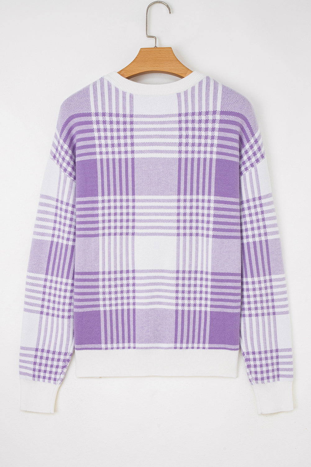 Lilac Plaid Print Ribbed Trim Loose Sweater