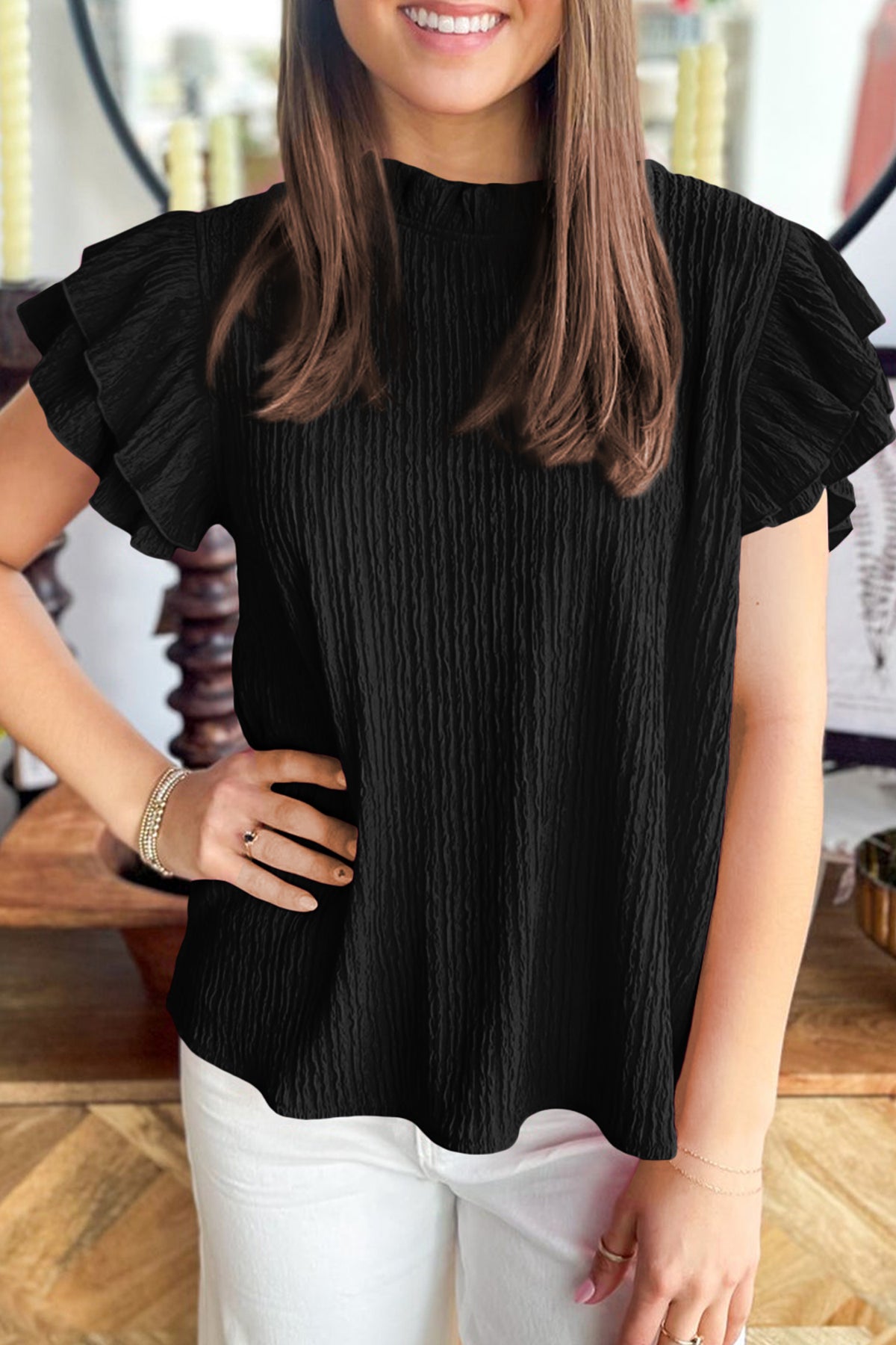 Black Textured Ruffle-Trim Blouse