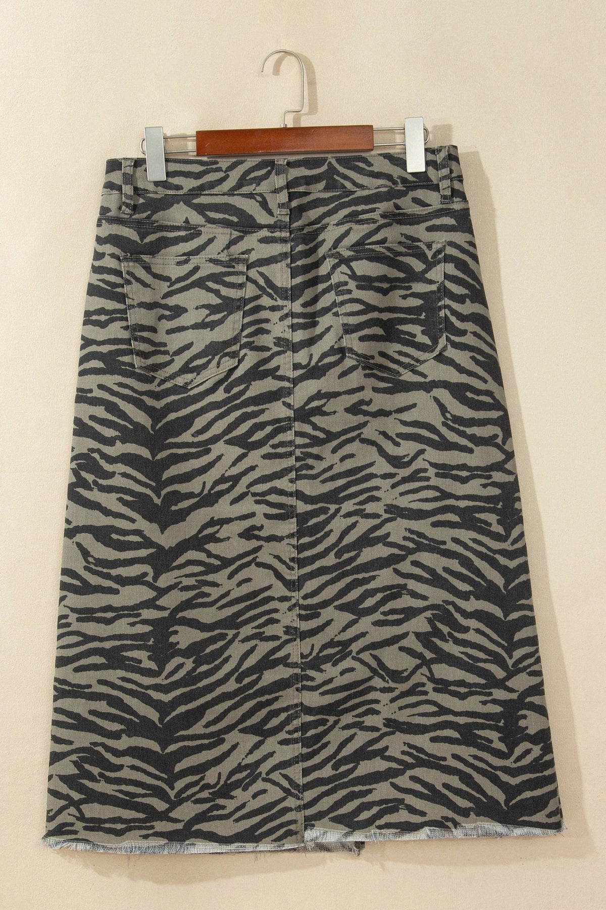 Tiger Stripe Denim Side Slit Raw Hem Midi Skirt