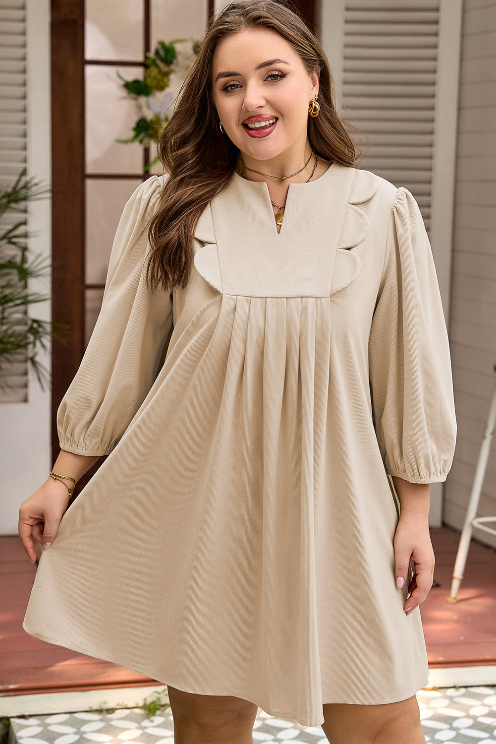 Plus size mini dress with scallop detail and notched neckline by Dear-Lover, featuring a stylish, fitted silhouette.