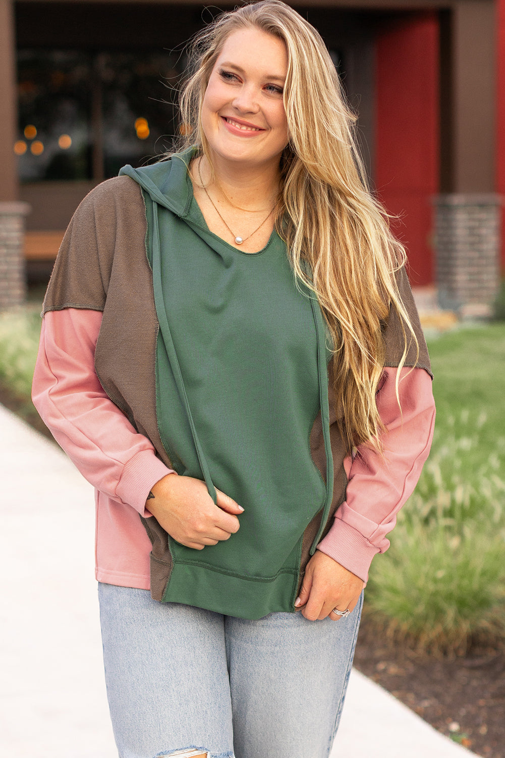 Plus size Dear-Lover colorblock patchwork V-neck hoodie with long sleeves and relaxed fit, featuring vibrant mixed fabric design.