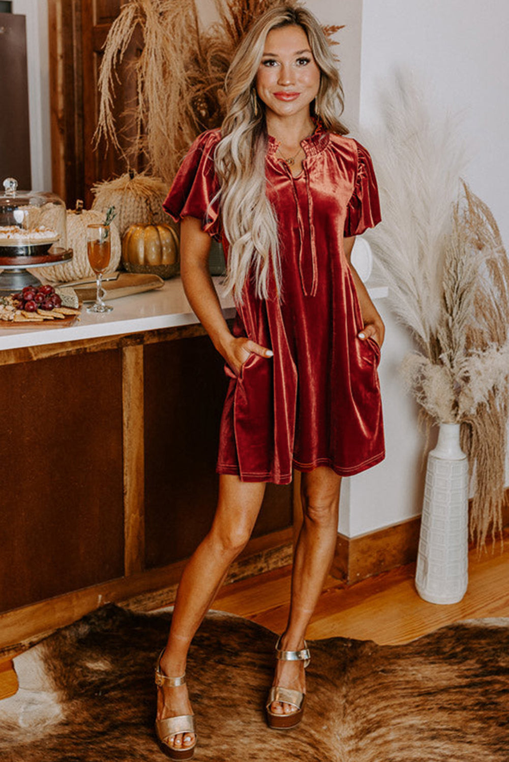 Cinnamon velvet mini dress with smocked neckline and puff sleeves, stylish shift dress from Dear-Lover.