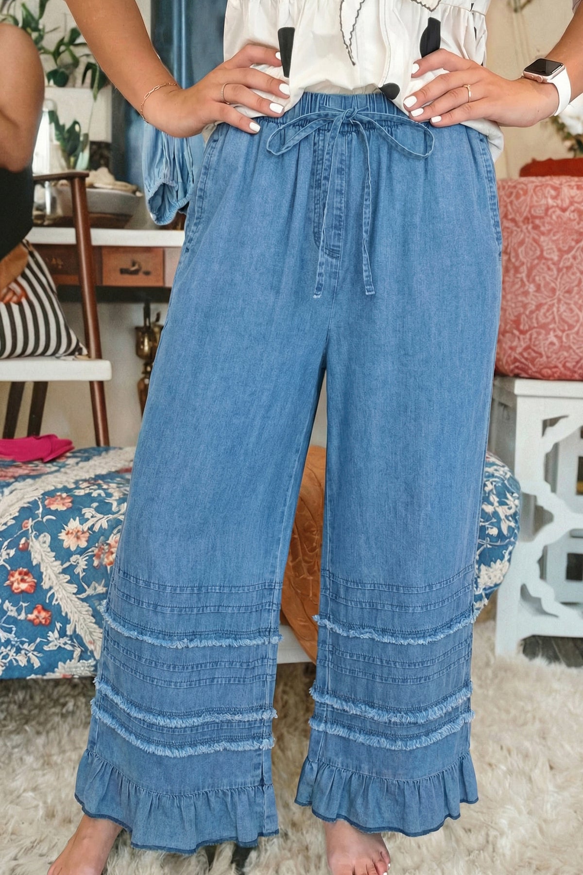 Dusk blue cotton chambray wide-leg pants with ruffled hem from Dear-Lover, stylish and comfortable bottoms for casual wear.