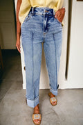 Dear-Lover high waist jeans with cuffed hem, straight fit and center seam, stylish denim bottoms for a modern look.