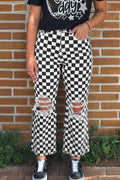 Black checkerboard print distressed raw edge cropped jeans from Dear-Lover with holes and frayed hems, stylish and trendy bottoms.