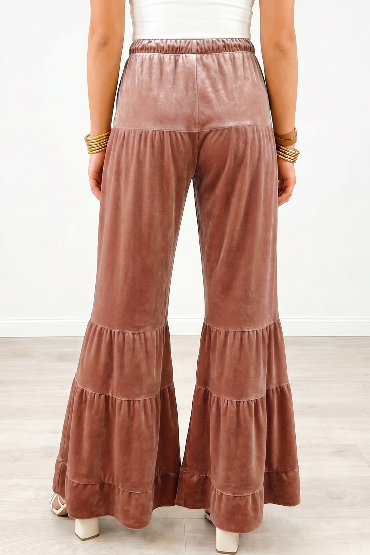 Yellow mineral wash lace-up high waist bell bottom pants with tiered design from Dear-Lover, shown on a model.