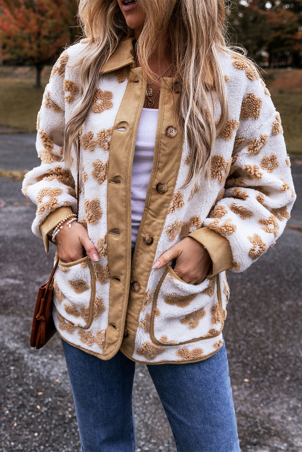 French Beige Flower Button-Up Fleece Jacket