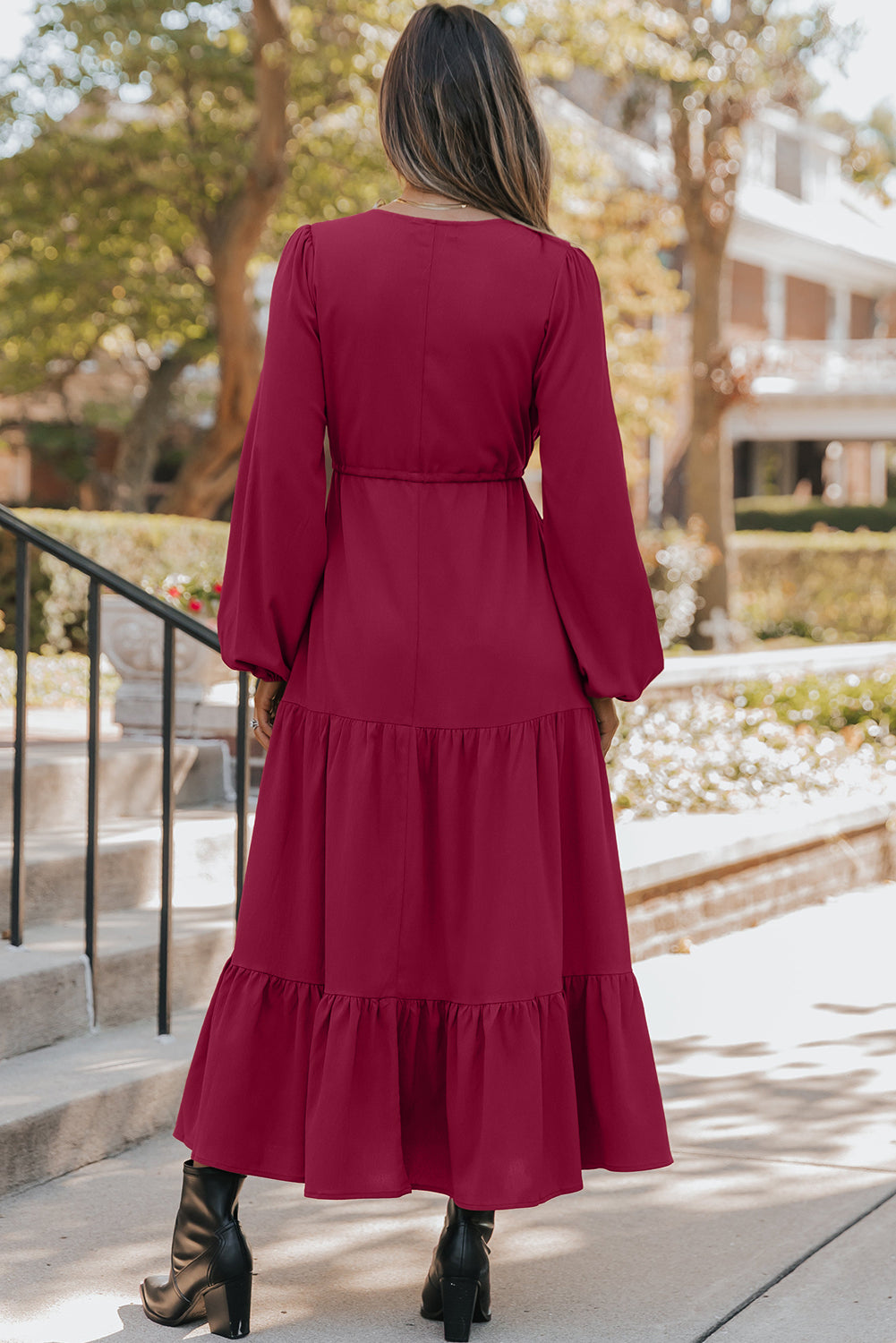 Burgund Long Sleeve V Neck Maxi Dress