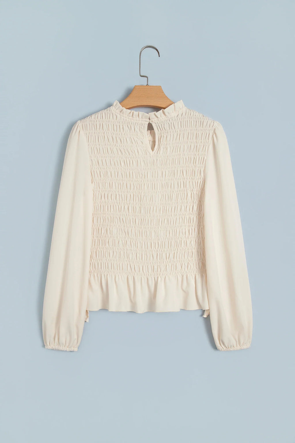 Solid Smocked Ruffle Hem Long Sleeve Blouse