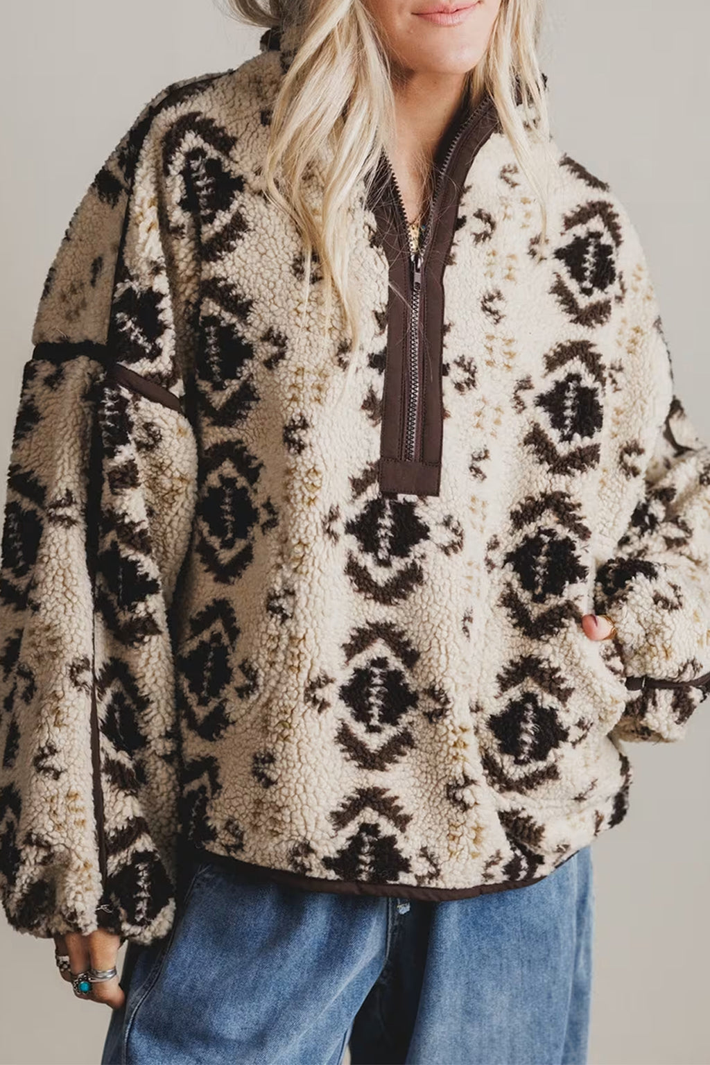 Dear-Lover khaki western print geometric fleece pullover sweatshirt featuring a stylish pattern and cozy design.