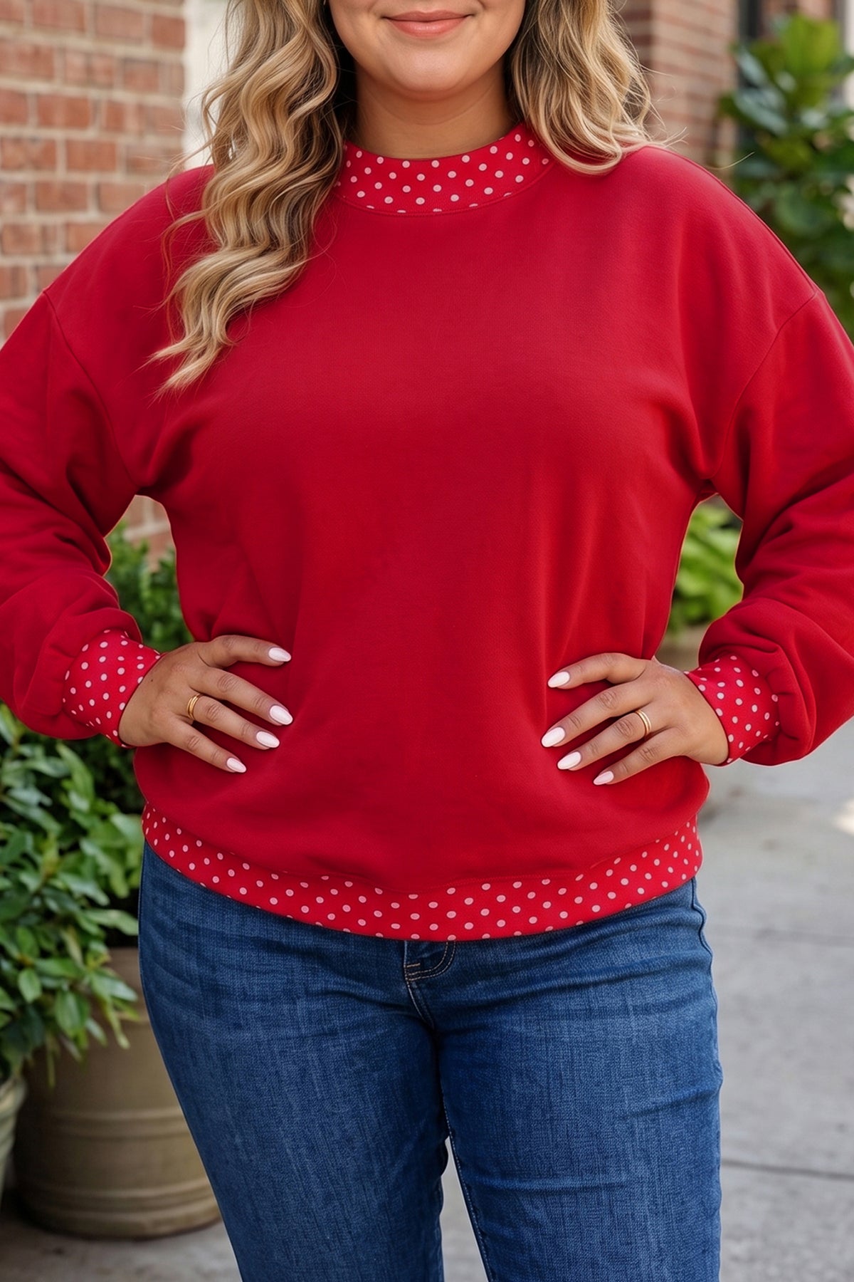 Burgundy polka dot patchwork plus size sweatshirt with round neckline, casual fit, from Dear-Lover.