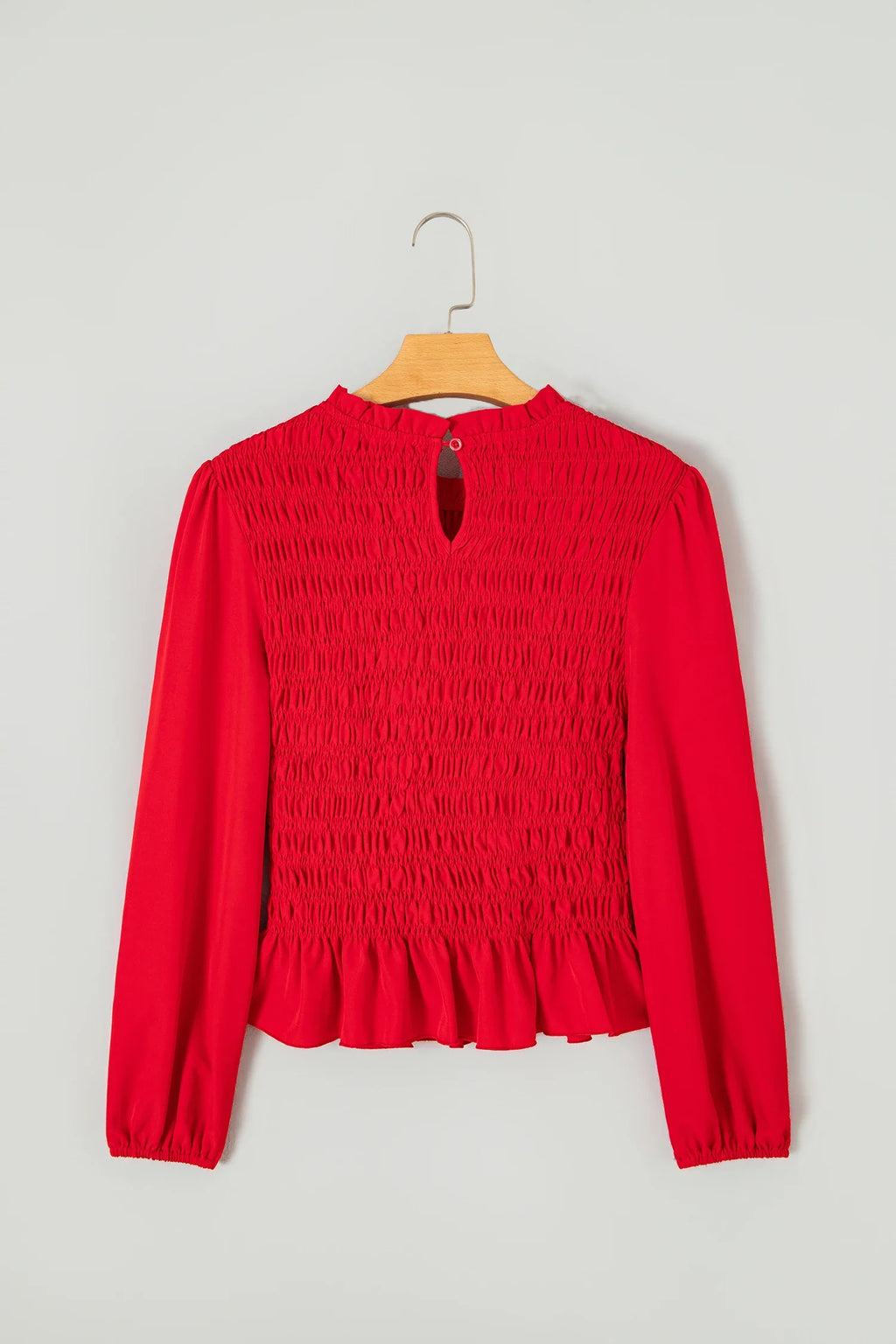 Solid Smocked Ruffle Hem Long Sleeve Blouse