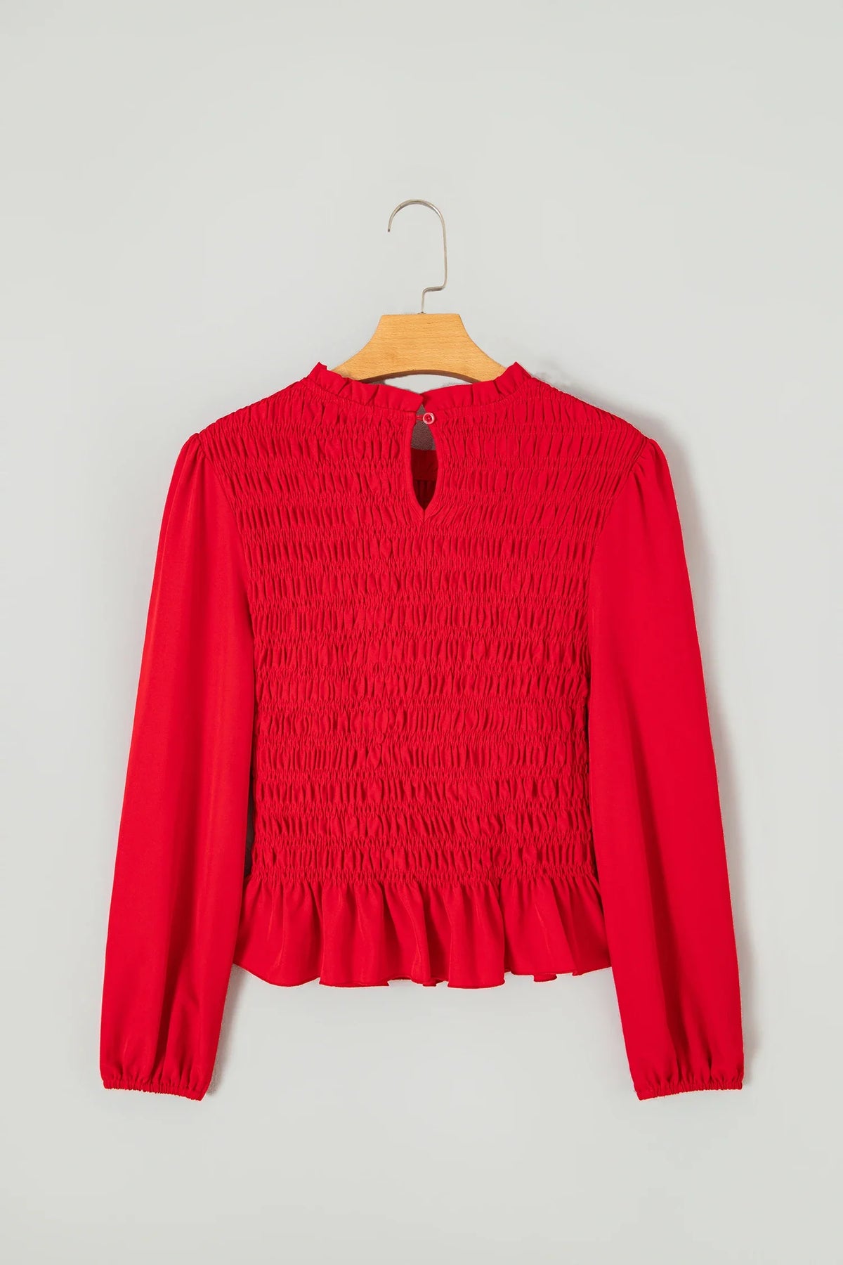 Solid Smocked Ruffle Hem Long Sleeve Blouse