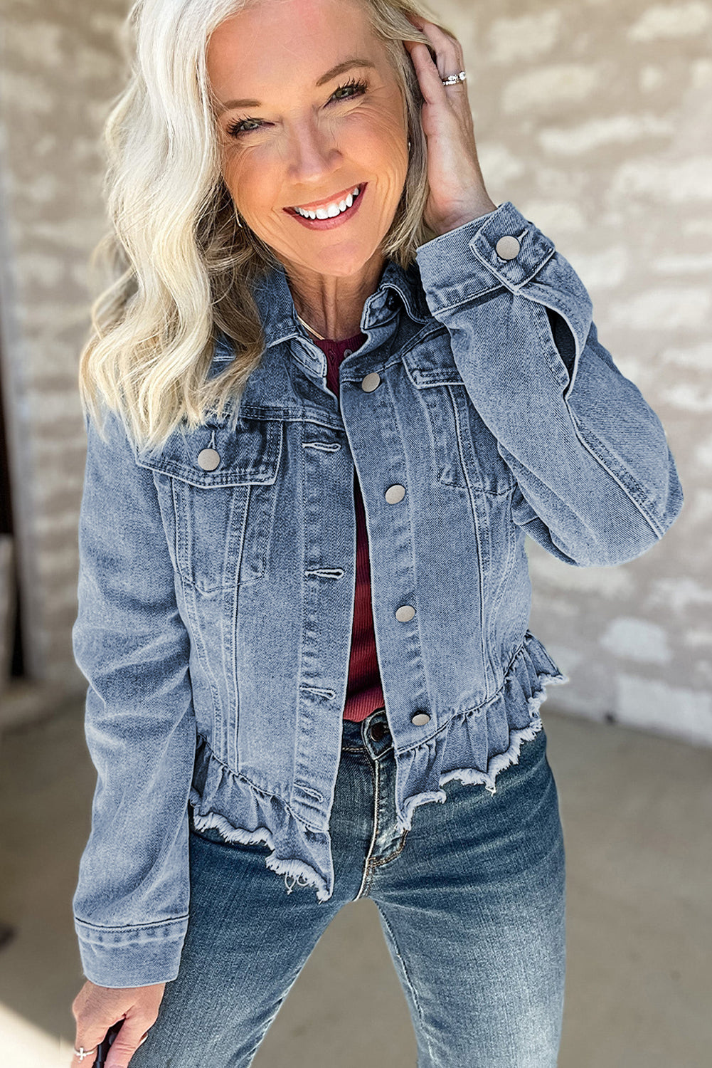 Beau Blue Ruffle Raw-Hem Denim Jacket