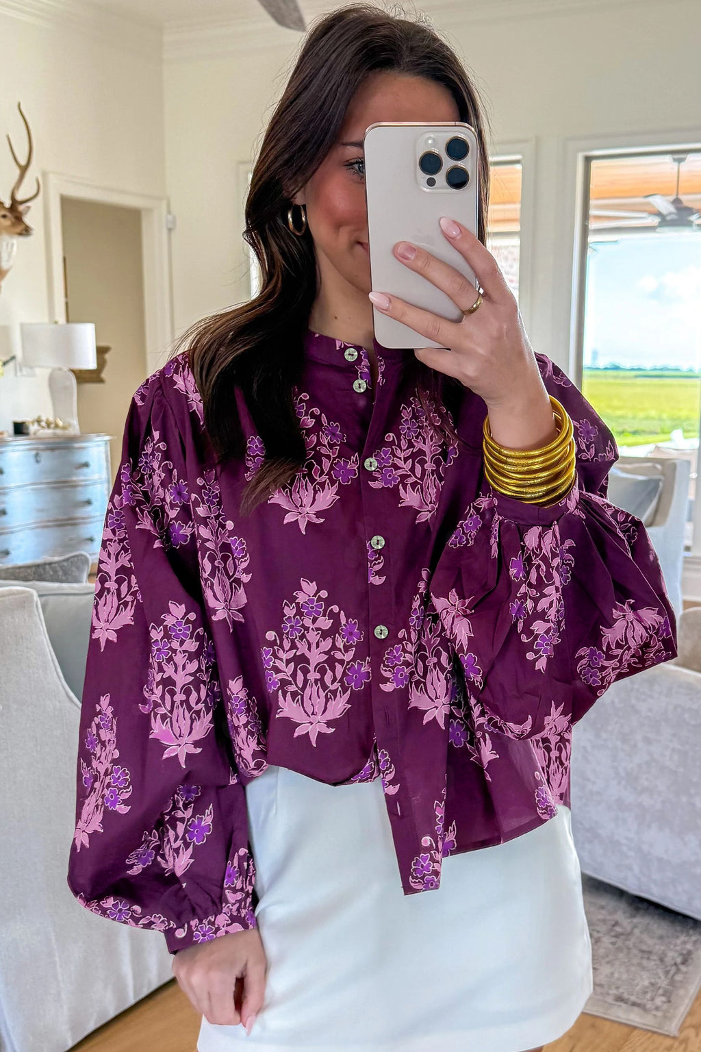 Purple Floral Button-Front Long Puff Sleeve Shirt