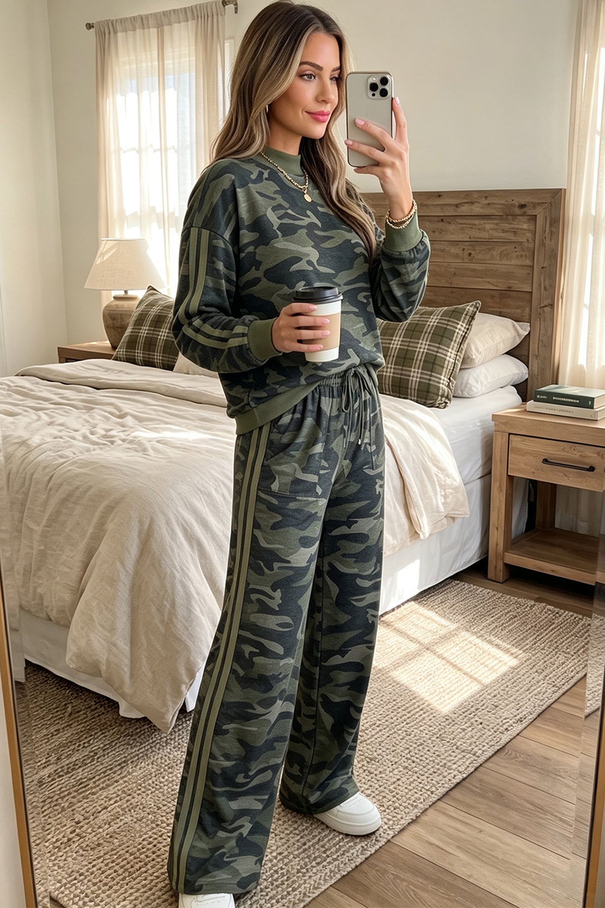 Multicolour camouflage patchwork striped long sleeve top and casual pants set by Dear-Lover, stylish and comfortable two-piece outfit.