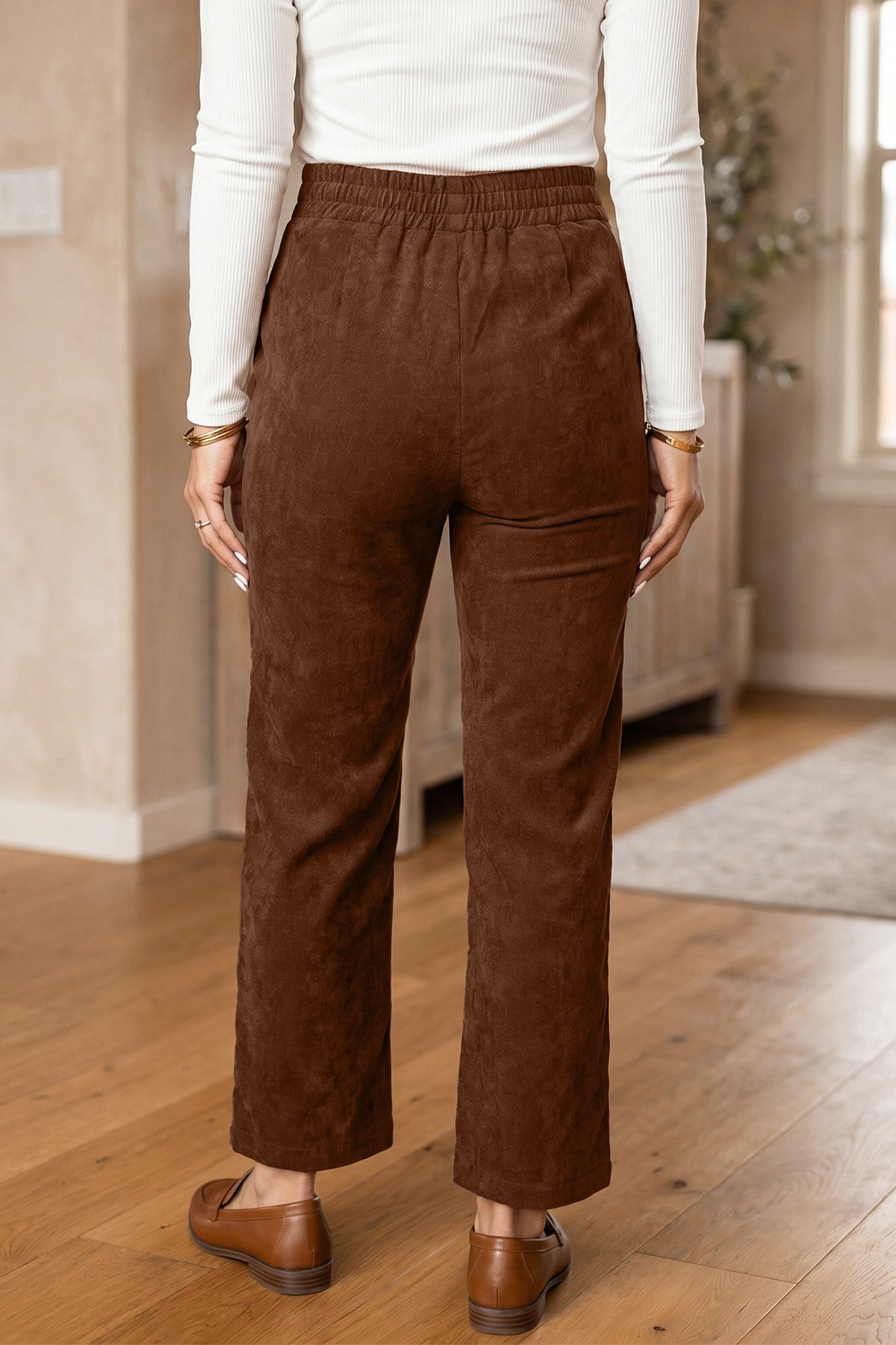 Dark brown corduroy ankle-length pants with elastic waist and straight-leg fit by Dear-Lover, suitable for casual wear.