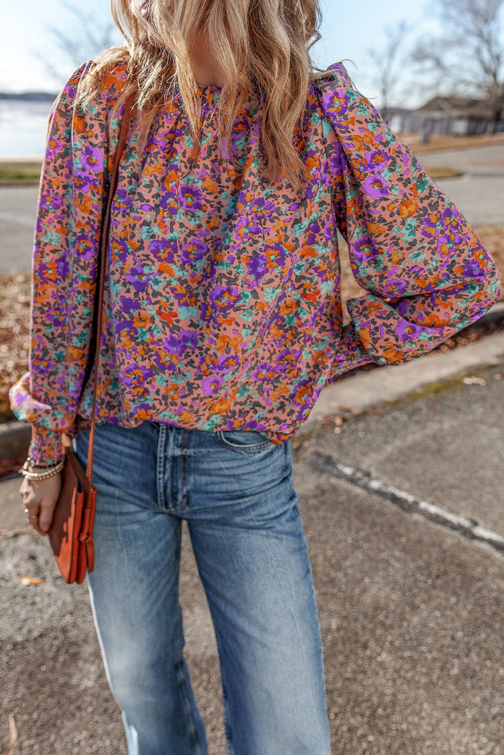 Purple Floral Shirred-Cuff Blouse