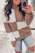 Dark Khaki Colorblock Checkered Knitted Sweater