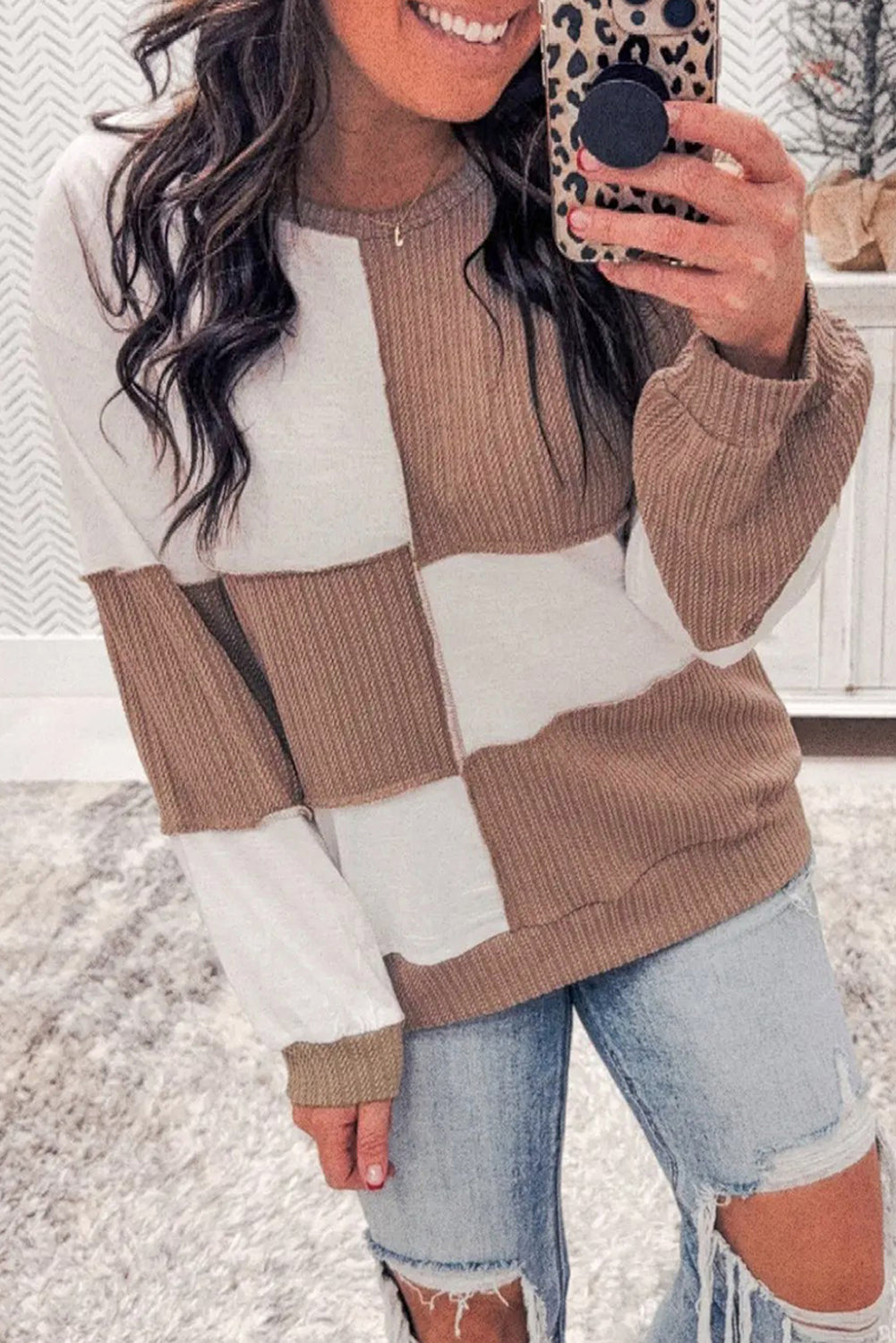 Dark Khaki Colorblock Checkered Knitted Sweater
