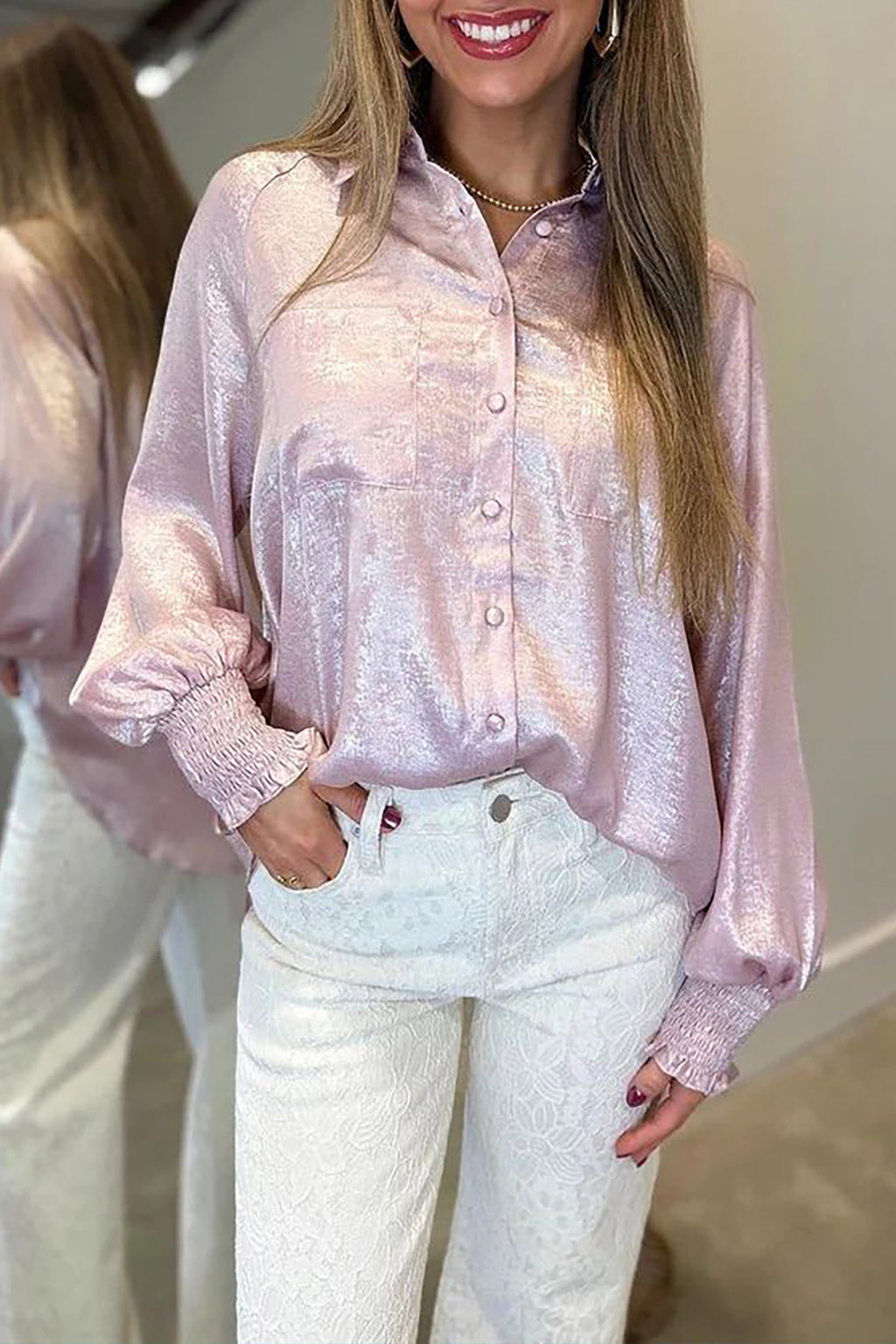 Delicacy Long-Sleeve Button-Front Ruffle Cuffs Back Paneling Shirt