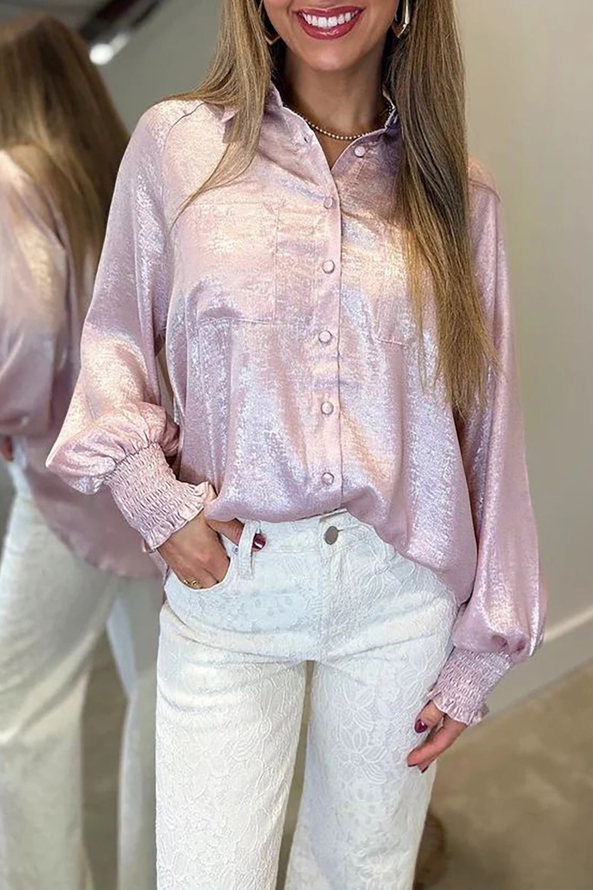 Delicacy Long-Sleeve Button-Front Ruffle Cuffs Back Paneling Shirt