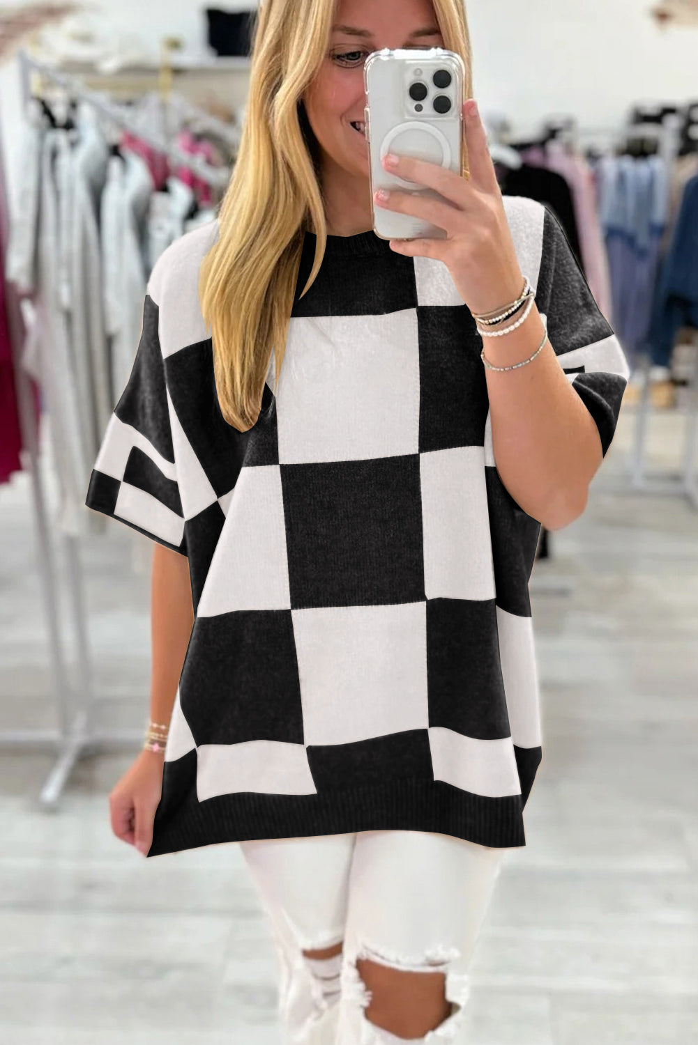 Black Checkered Drop-Shoulder Sweater