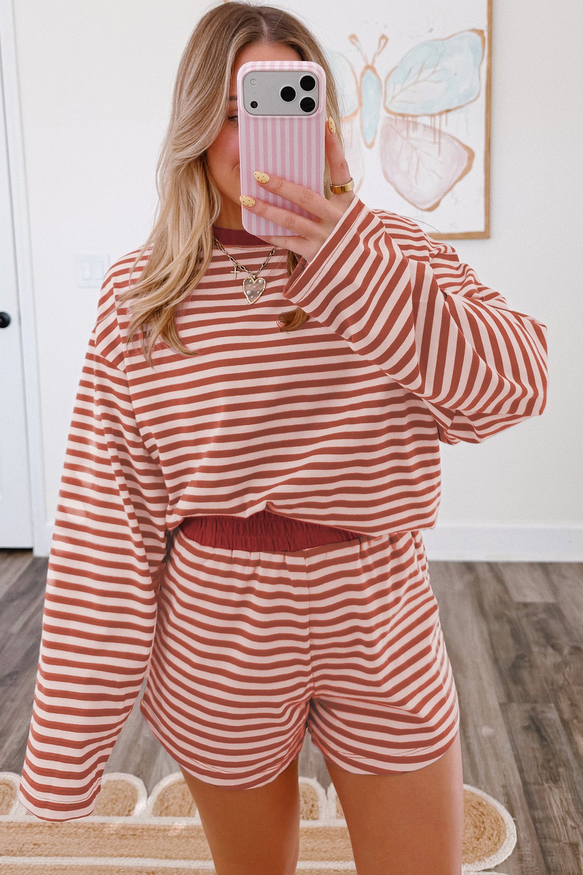 Brown stripe long sleeve top and elastic waistband short set from Dear-Lover, casual two-piece outfit with relaxed fit and contrasting details.