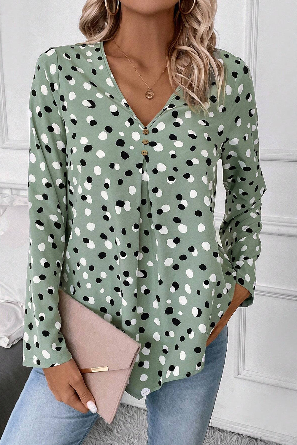 Green Polka Dot Button-Front Blouse