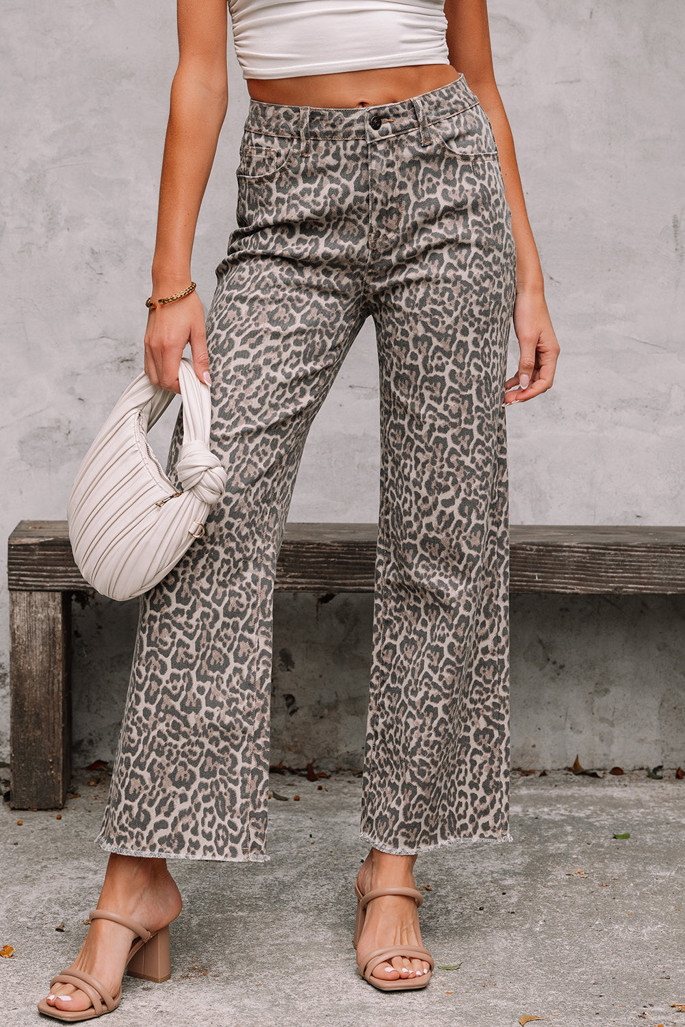 Leopard Frayed Wide-Leg Jeans