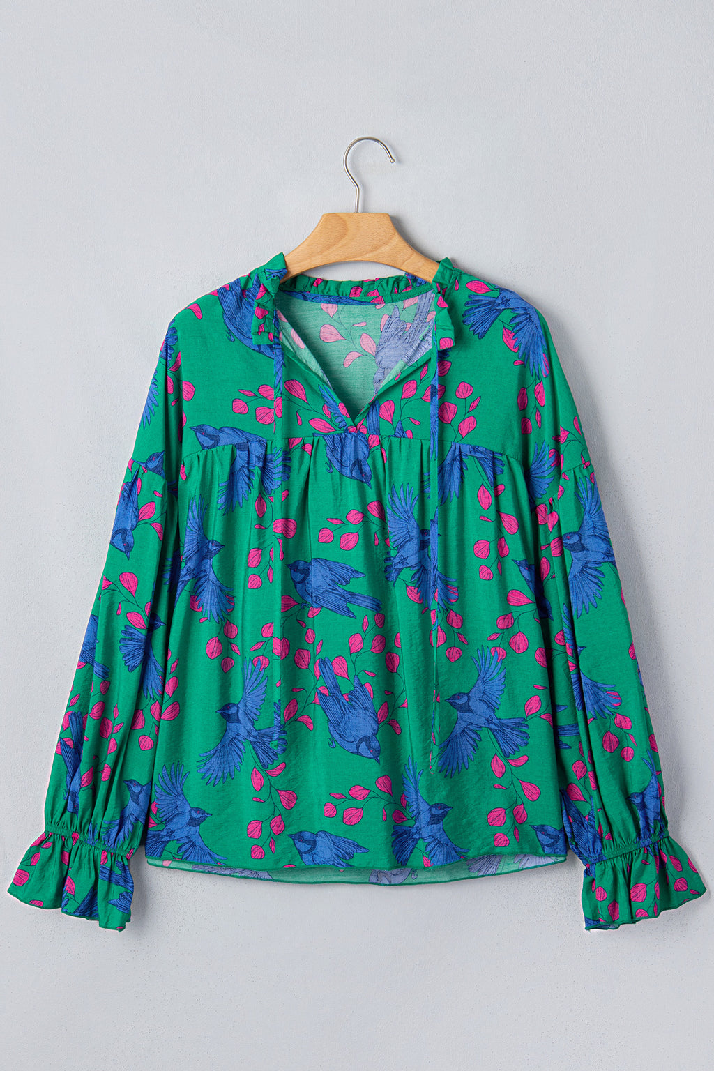 Green Abstract V-Neck Flounced Puff Sleeve Blouse