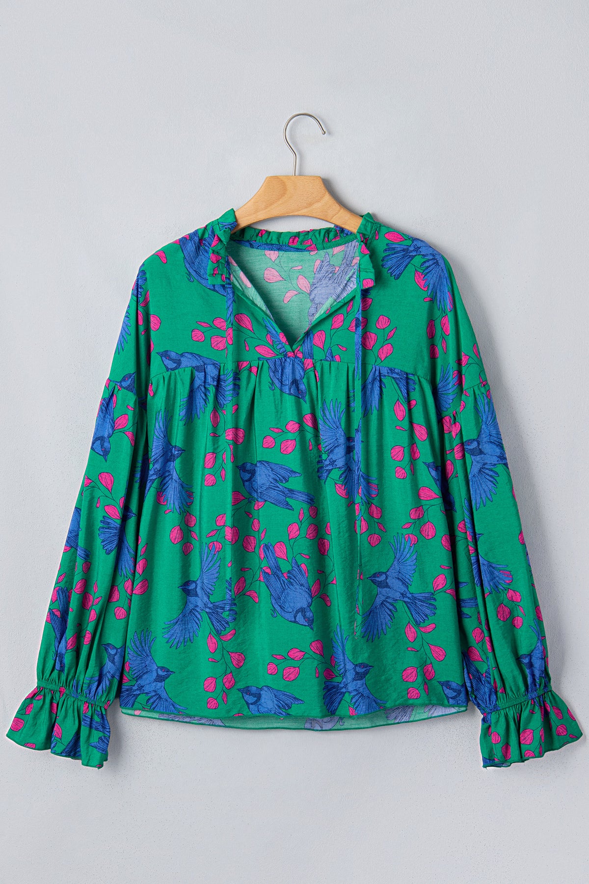 Green Abstract V-Neck Flounced Puff Sleeve Blouse