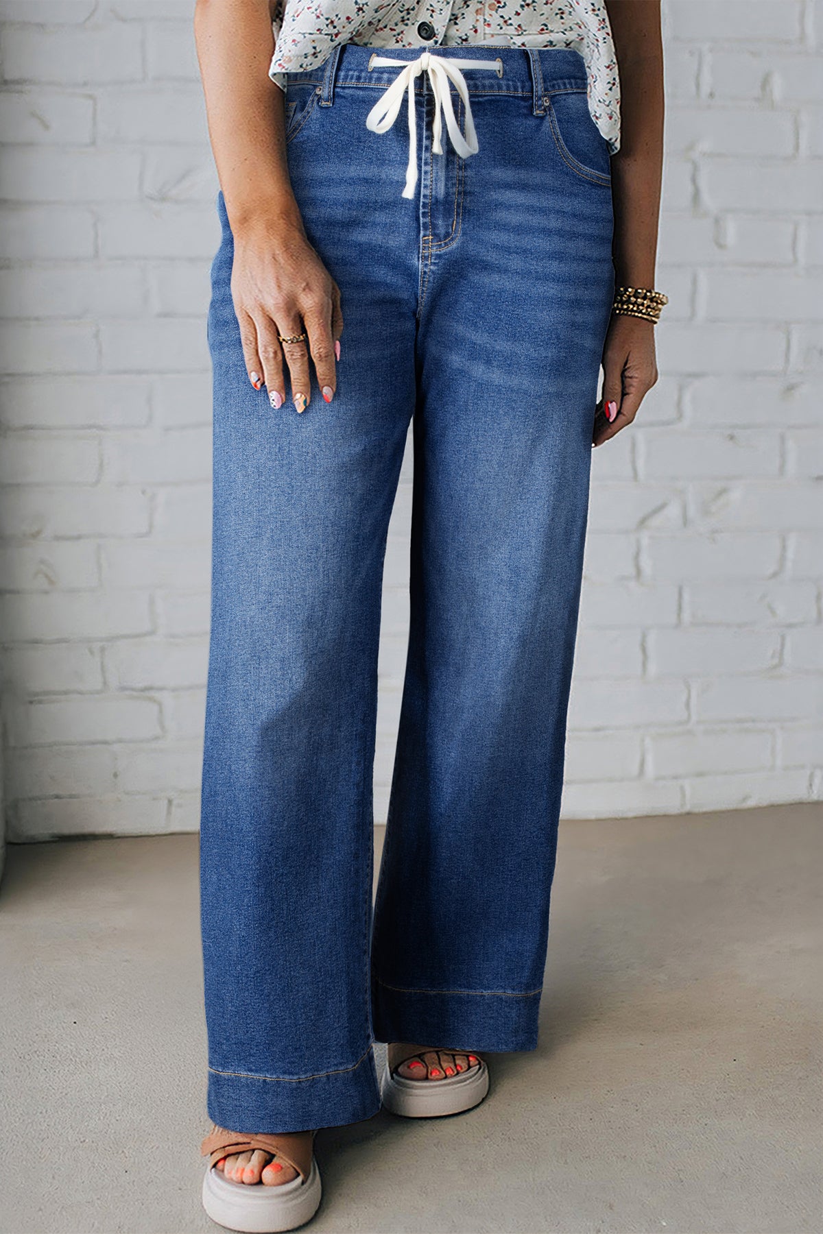 Dark blue acid wash plus size jeans with contrast lace-up detail by Dear-Lover, featuring a relaxed fit and trendy denim style.