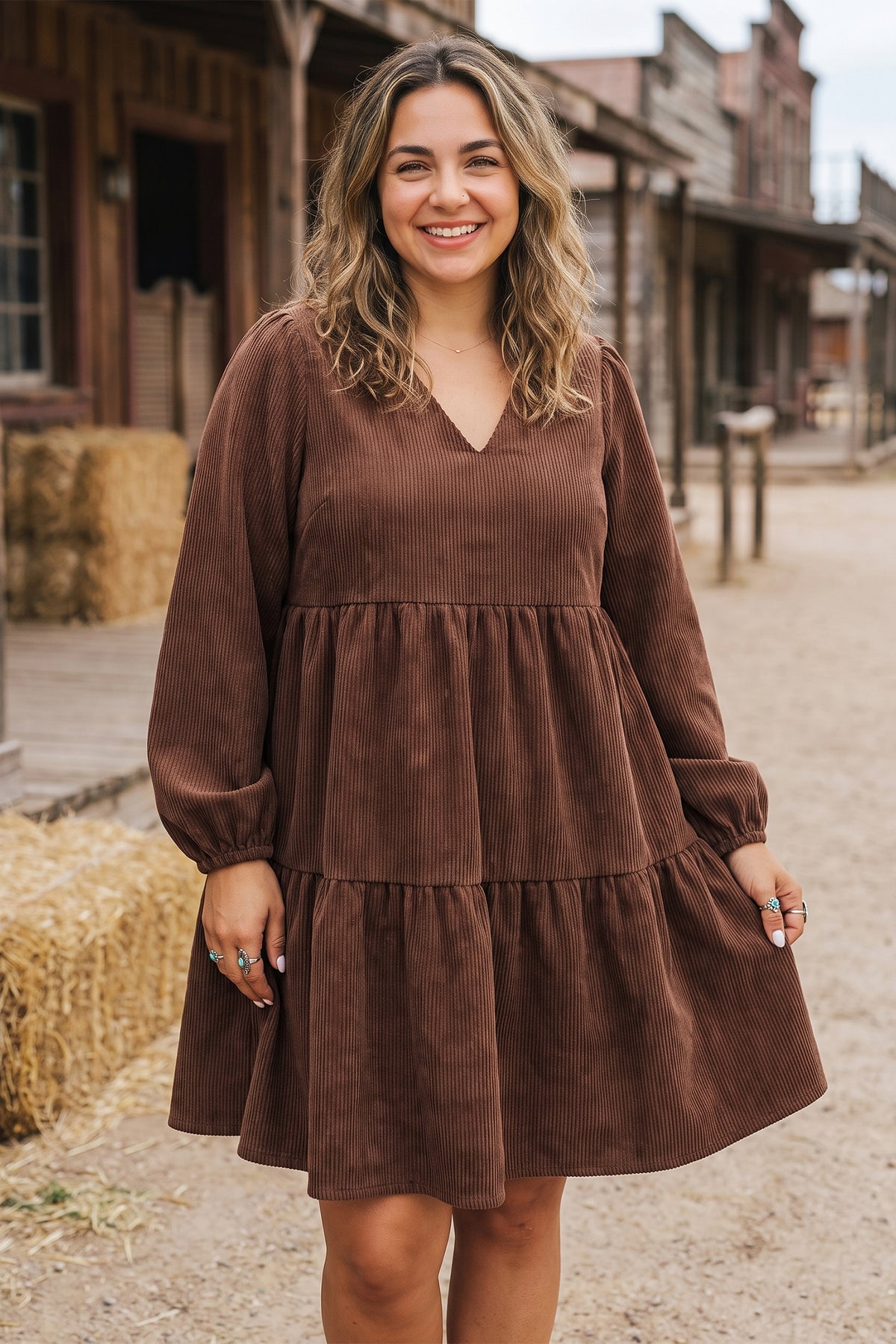Dear-Lover plus size coffee-colored corduroy V-neck mini dress with long sleeves, perfect for winter casual wear.