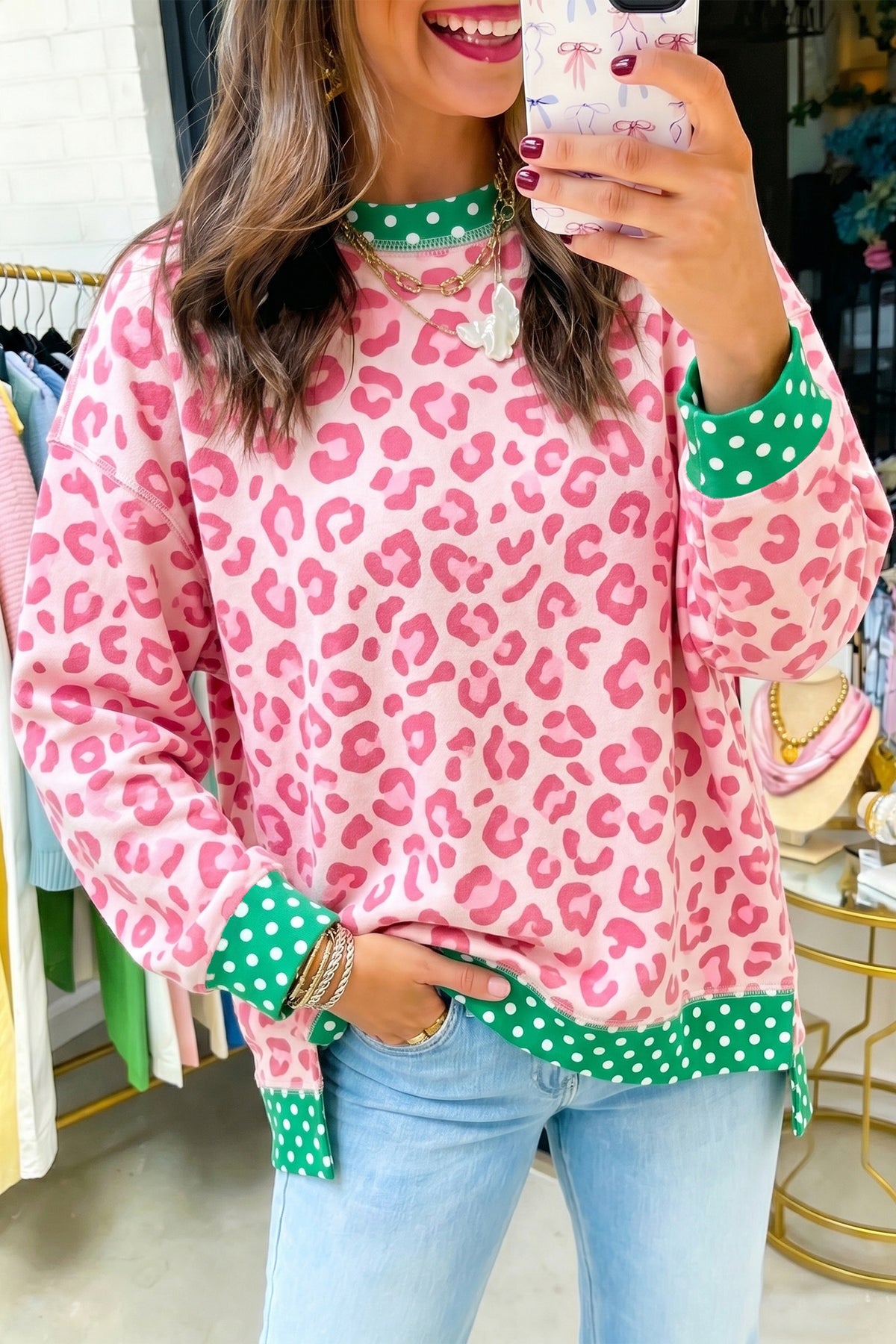 Leopard Polka Dot Colorblock Top