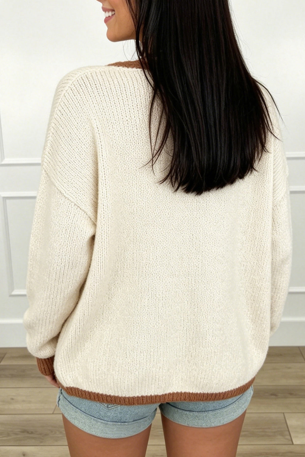 Light beige Dear-Lover V-neck cardigan with chestnut contrast trim, tie-front, and loose fit, perfect for casual layering.