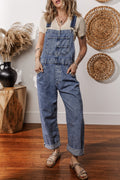 Sail Blue denim bib jumpsuit with straight legs and pockets, featuring a casual design by Dear-Lover for stylish everyday wear.