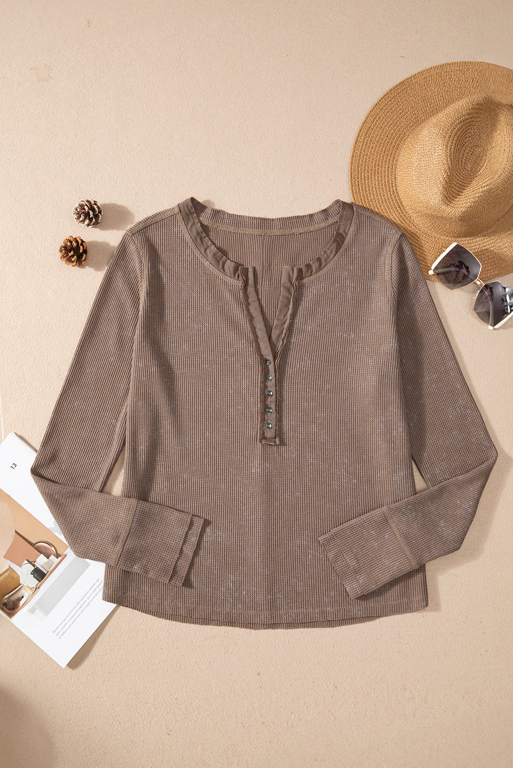 Coffee Acid Wash Waffle-Knit Top