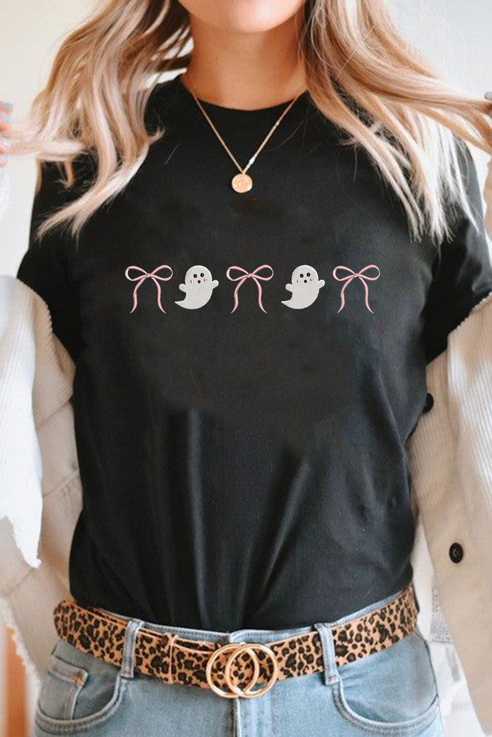 Black Halloween Ghost Bow Embroidered Loose T Shirt