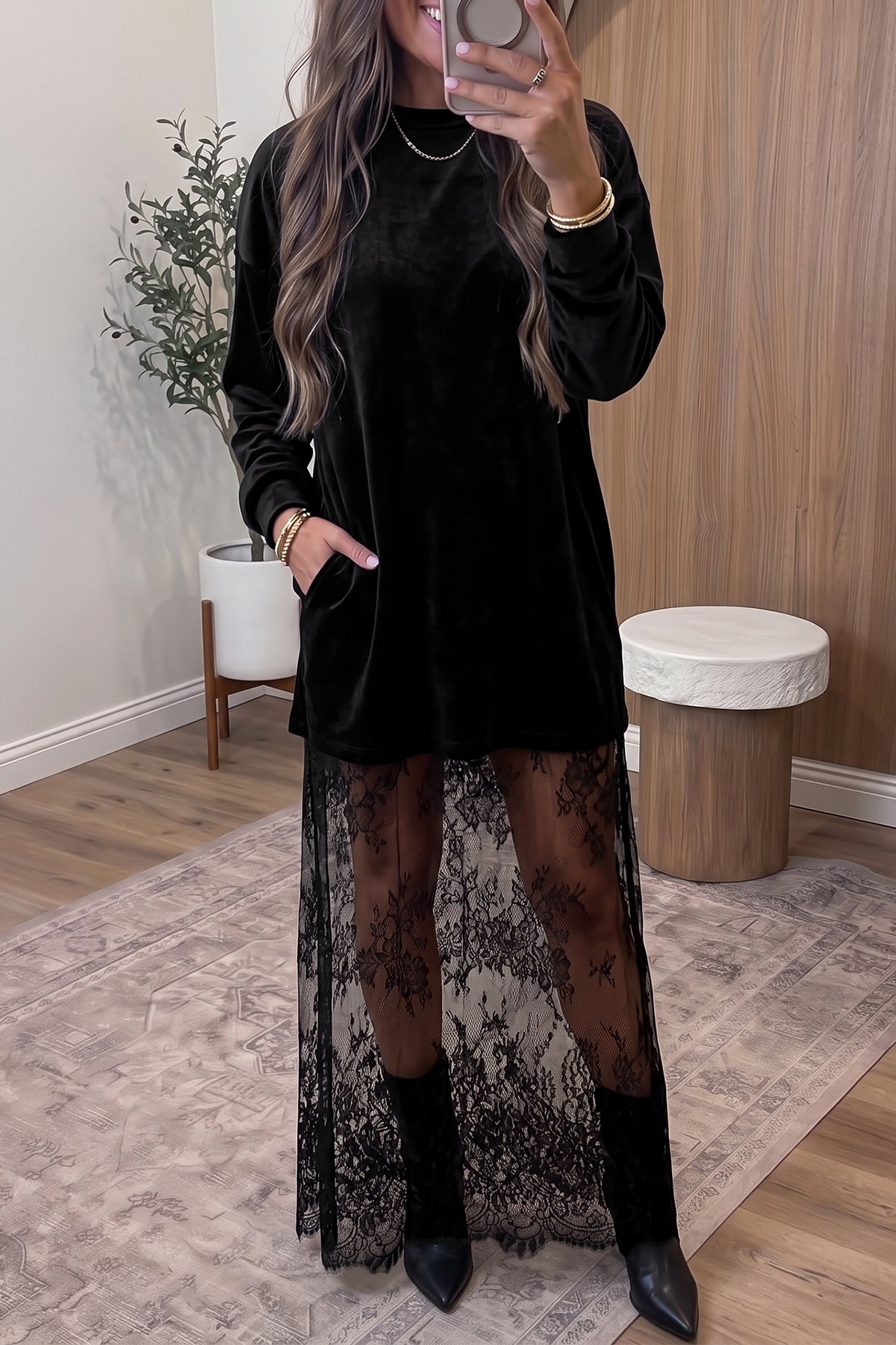 Black velvet long sleeve lace splicing hem maxi dress from Dear-Lover, featuring elegant lace details and a flowing silhouette.