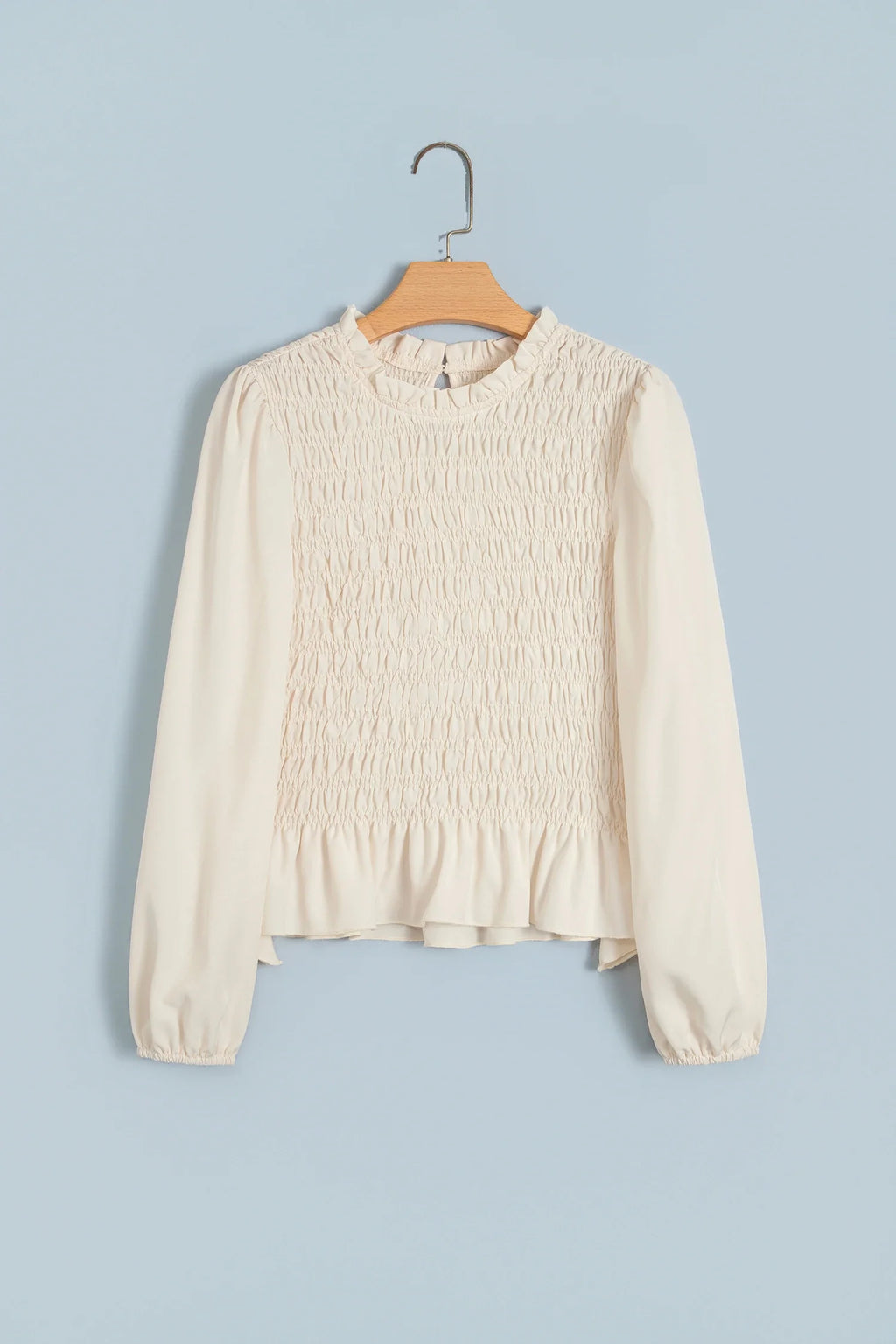 Solid Smocked Ruffle Hem Long Sleeve Blouse